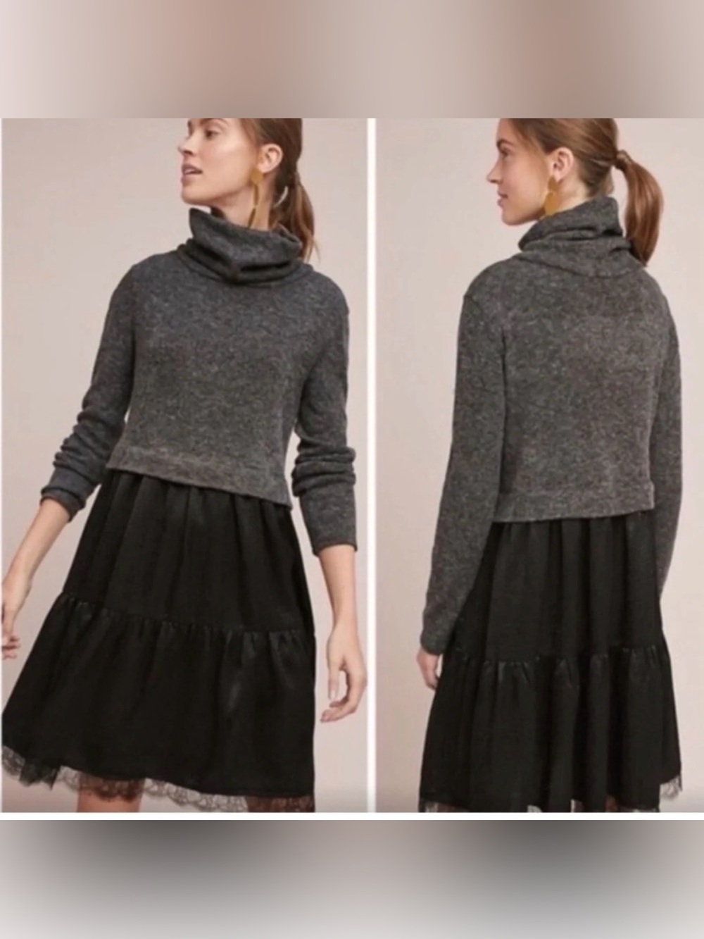 Anthropologie Gray and Black Turtleneck Layered Sweater Dress